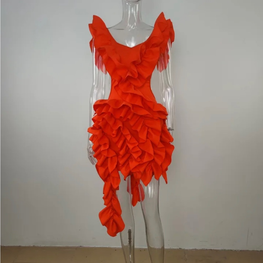 (Last 1)Olive Tired High Low luxury Italian Asymmetrical Dress 2023 Sexy Club - Picture 4 of 6